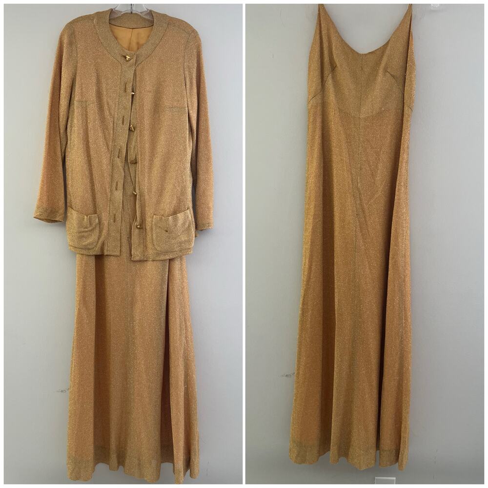 Vintage Futura Couture 2 Piece Gold Maxi Cocktail Dress and Cardigan Jacket SG